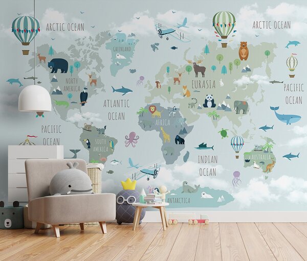 Fototapeta Mapa světa se zvířaty a ptáky, Dětské fototapety, Populární fototapety, u96447 - Tapeko.co.cz