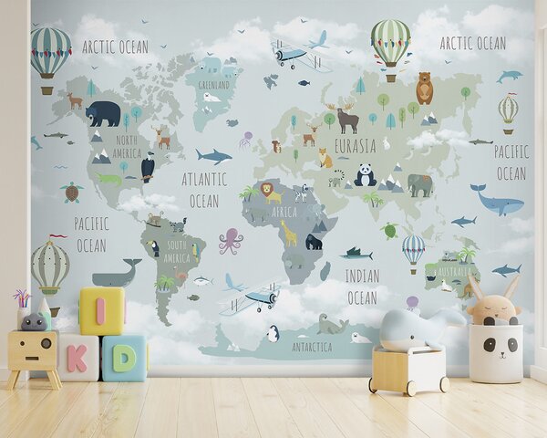 Fototapeta Mapa světa se zvířaty a ptáky, Dětské fototapety, Populární fototapety, u96447 - Tapeko.co.cz