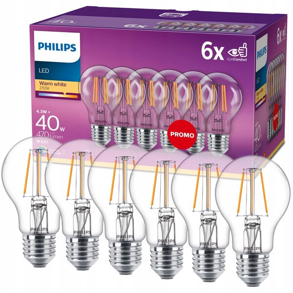 LED žárovka Philips E27 4,3W 40W 470lm 2700K teplá filament ozdobná 6 ks