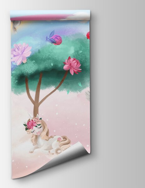 Fototapeta Karikatura dívky s květinami ve vlasech a duhou, Dětské fototapety, Populární fototapety, u96869 - Tapeko.co.cz