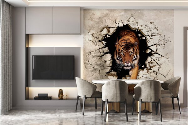 Fototapeta Tygr vylézá z díry ve zdi, 3D fototapety, Populární fototapety, u97031 - Tapeko.co.cz