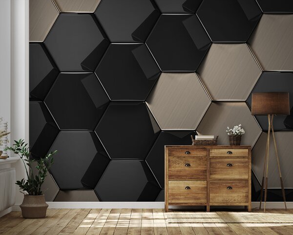 Fototapeta Šestiúhelníkový vzor v černé a béžové barvě, Geometrické 3D fototapety, Populární fototapety, u97138 - Tapeko.co.cz