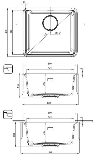 Deante Momi, 1-komorový granitový dřez 500x450x230 mm s úsporným sifonem, bílá matná, DEA-ZKM_A10A