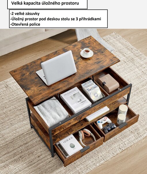 Konferenční stolek se zvedací deskou a úložným prostorem, rustikální hnědá LCT209K01V1