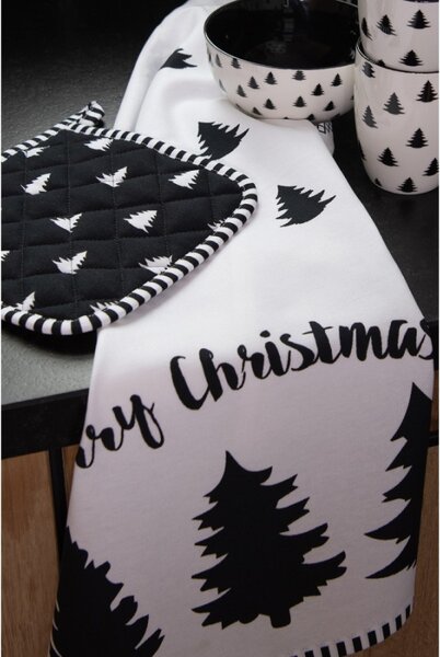 Černo-bílá bavlněná podložka pod hrnec se stromky Black & White X-Mas – 20x20 cm
