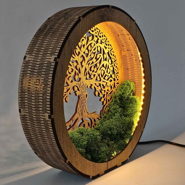 Stolní lampa Strom života s mechem | ZIVENA: HDF - Ořech 20 cm 4785-115180 LED0610-20-WALNUT