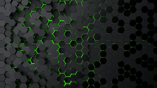 Fototapeta Černé šestiúhelníky se zelenými světly, Geometrické 3D fototapety, Populární fototapety, u93618v1 - Tapeko.co.cz