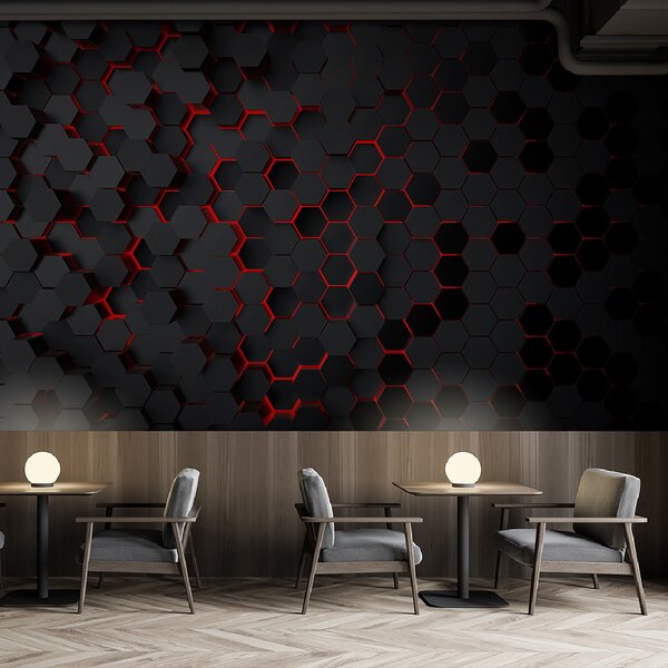 Fototapeta Černé šestiúhelníky s červeným světlem, Geometrické 3D fototapety, Populární fototapety, u93618v2 - Tapeko.co.cz