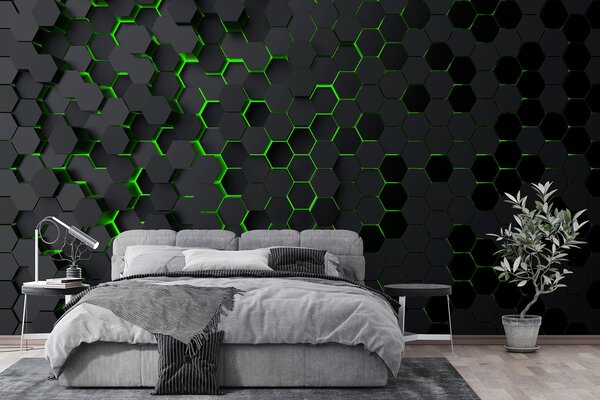 Fototapeta Černé šestiúhelníky se zelenými světly, Geometrické 3D fototapety, Populární fototapety, u93618v1 - Tapeko.co.cz
