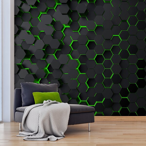 Fototapeta Černé šestiúhelníky se zelenými světly, Geometrické 3D fototapety, Populární fototapety, u93618v1 - Tapeko.co.cz
