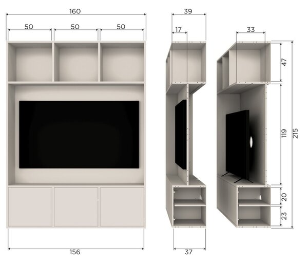 WOOOD Světle šedá dřevěná TV stěna Meggy 215 x 160 cm