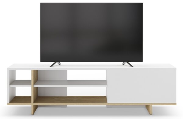 Marckeric Bílý lakovaný TV stolek Cequoia 160 x 35,5 cm s dubovým dekorem