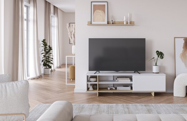 Marckeric Bílý lakovaný TV stolek Cequoia 160 x 35,5 cm s dubovým dekorem
