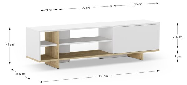 Marckeric Bílý lakovaný TV stolek Cequoia 160 x 35,5 cm s dubovým dekorem