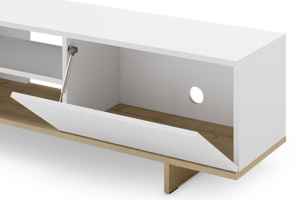 Marckeric Bílý lakovaný TV stolek Cequoia 160 x 35,5 cm s dubovým dekorem