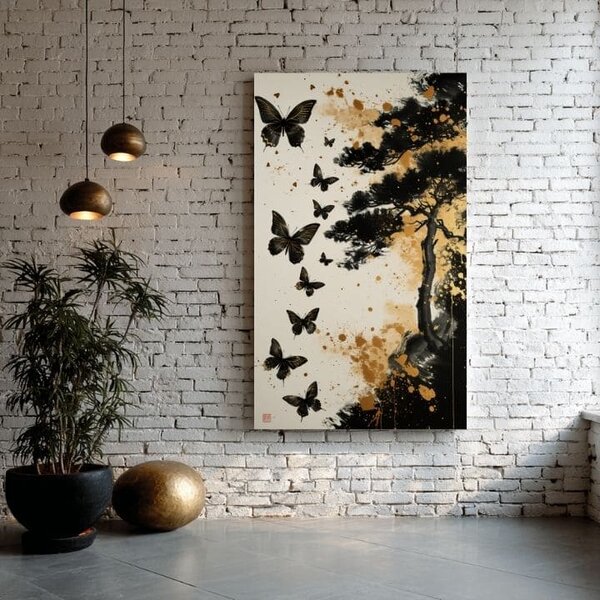 Obraz na plátně Motýlí harmonie - černo-zlatý design - 60x90 cm