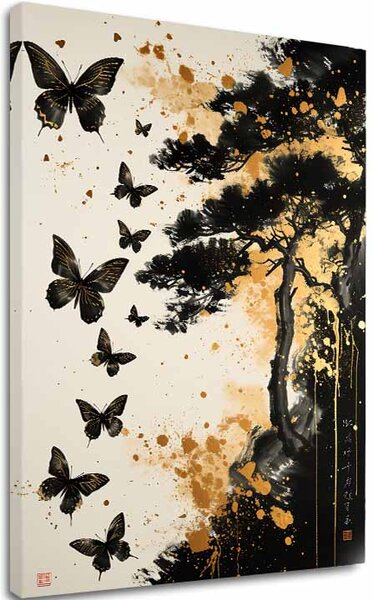 Obraz na plátně Motýlí harmonie - černo-zlatý design - 60x90 cm