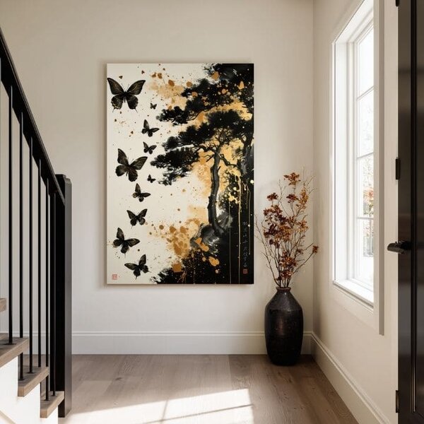 Obraz na plátně Motýlí harmonie - černo-zlatý design - 60x90 cm