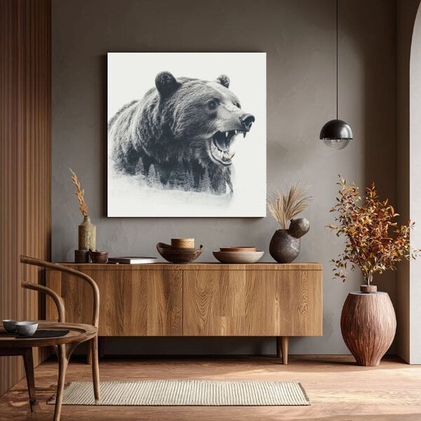 Obraz na plátně Medvěd v mlze - lesní motiv - 70x70 cm