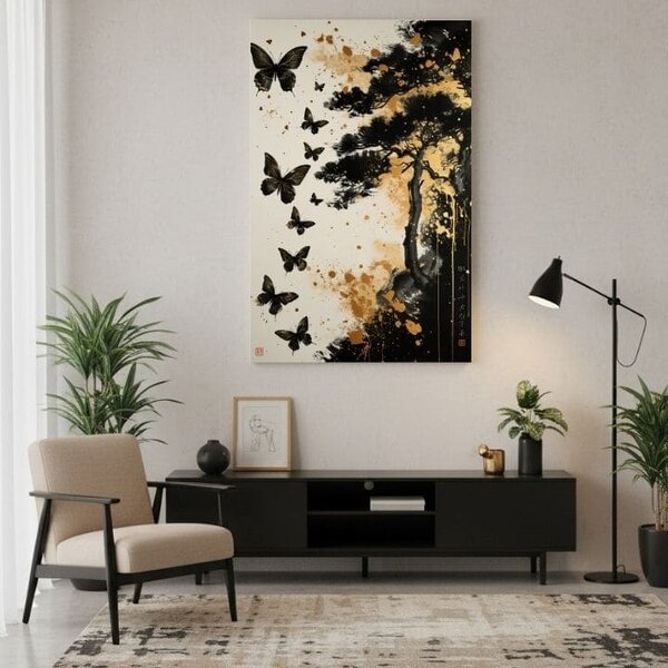 Obraz na plátně Motýlí harmonie - černo-zlatý design - 60x90 cm
