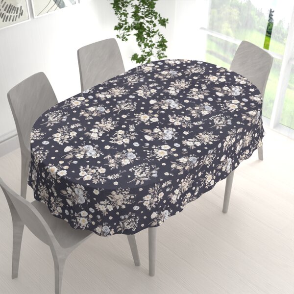 Biante Bavlněný oválný ubrus Sandra SA-755 Růže a konvalinky na temně modrém 50x100 cm