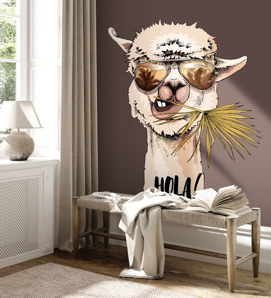 Fototapeta Lama ve slunečních brýlích, která jí palmový list, Dětské fototapety, Populární fototapety, u98177 - Tapeko.co.cz