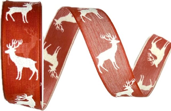 Stuha vánoční RUSTIC REINDEER červená 25mm x 2m (11,-Kč/m)