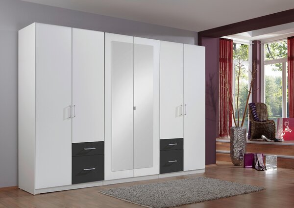 ŠATNÍ SKŘÍŇ SE ZRCADLEM, barvy grafitu, bílá, 270/210/58 cm MID.YOU - Šatní skříně, Online Only