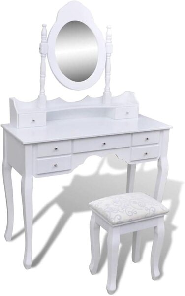 Toaletní stolek se zrcadlem a stoličkou, bílý, vyrobený z borovicového dřeva, rozměr XXL, s 7 zásuvkami. Moderní toaletní set se skleněnou deskou. Malý psací stolek pro dámy, vhodný do ložnice a šatny