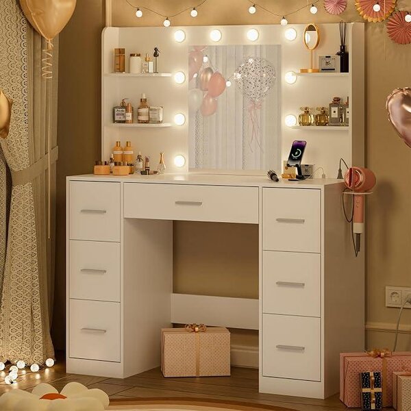 Velký toaletní stolek s LED osvětlením, nastavitelnou intenzitou, zrcadlem, 7 zásuvkami, zásuvkou, 4 policemi, moderní design, vhodný do ložnice (bílá barva)