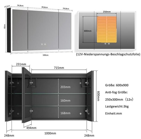 LED zrcadlová skříňka s osvětlením, rozměry 60x100x13,5 cm. Koupelnová skříňka, koupelnový nábytek, kovová skříňka, lékárnička, zrcadlo, skříňka s 3 barvami a stmíváním, bez mlhy, 4 skleněné police