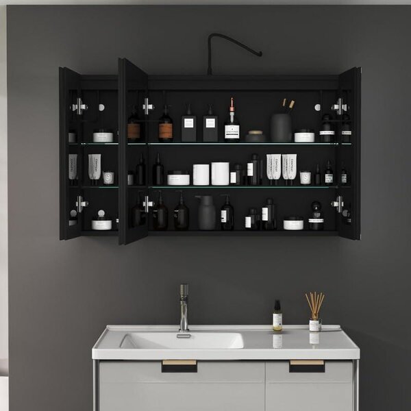 LED zrcadlová skříňka s osvětlením, rozměry 60x100x13,5 cm. Koupelnová skříňka, koupelnový nábytek, kovová skříňka, lékárnička, zrcadlo, skříňka s 3 barvami a stmíváním, bez mlhy, 4 skleněné police