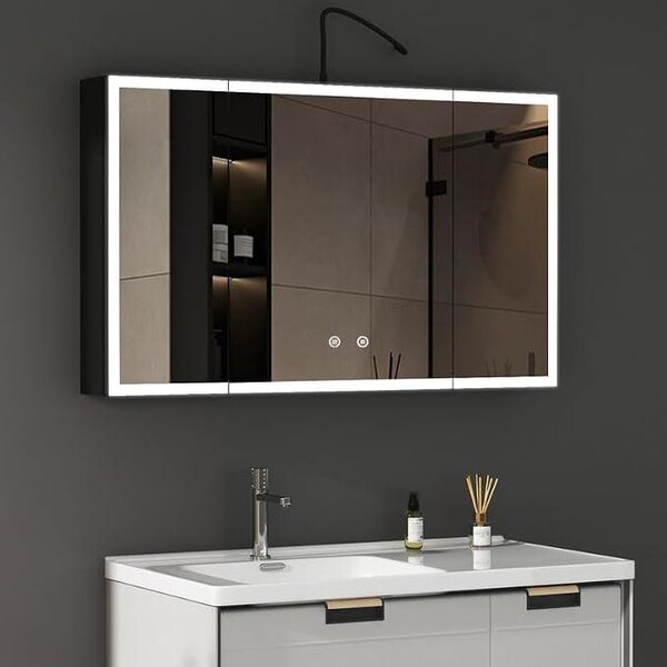 LED zrcadlová skříňka s osvětlením, rozměry 60x100x13,5 cm. Koupelnová skříňka, koupelnový nábytek, kovová skříňka, lékárnička, zrcadlo, skříňka s 3 barvami a stmíváním, bez mlhy, 4 skleněné police
