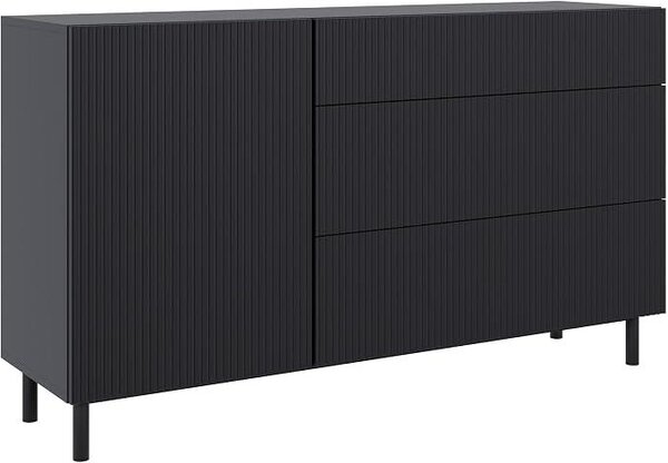 Komoda se zásuvkami, šířka 140 cm, černá. Moderní komoda s jedněmi dvířky a frézovanou přední stranou, se 3 zásuvkami. Komody a komodové skříňky, stabilita zajištěna kovovými nohami