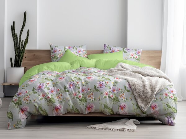 Ervi Bavlněné povlečení oboustranné - Magnolia a lilia na šedém/světle zelené