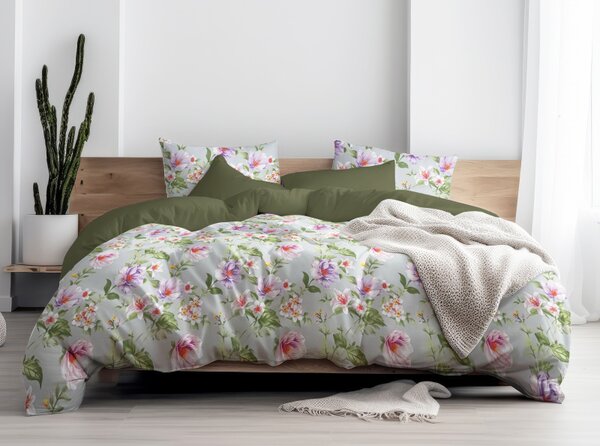 Ervi Bavlněné povlečení oboustranné - Magnolia a lilia na šedém/olivové