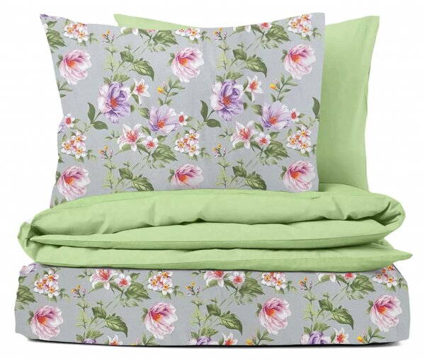 Ervi Bavlněné povlečení oboustranné - Magnolia a lilia na šedém/světle zelené