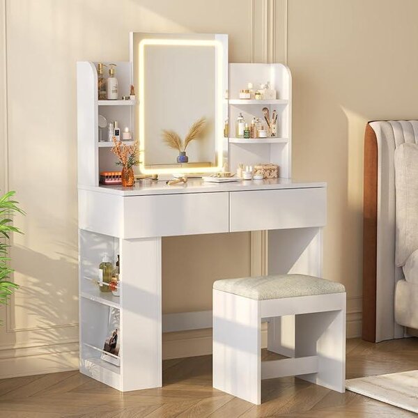 Toaletní stolek se zrcadlem, osvětlený LED diodami, s nastavitelnou intenzitou světla, kosmetický stolek s taburetkou, 2 zásuvkami, 4 policemi, moderní design, rozměry 90 x 40 cm, bílá barva