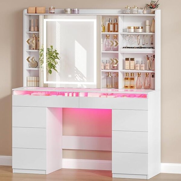 Velký toaletní stolek, toaletní stolek s nastavitelným RGB osvětlením a skleněnou deskou, toaletní stolek s velkým zrcadlem, 8 zásuvkami a 9 otevřenými policemi, do ložnice, bílý, 1180203XEU