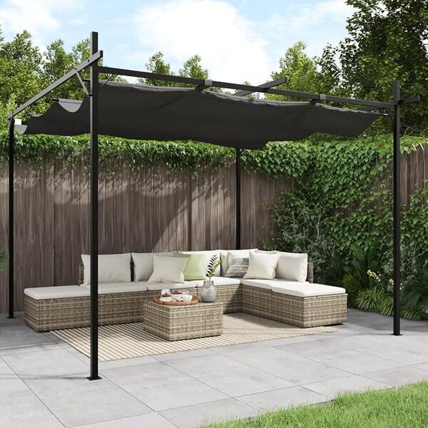 Pergola s posuvnou střechou, barva antracit, rozměry 295x292x230 cm, vhodná pro zastřešení terasy, altánu, ochrana terasy před sluncem, zastřešení terasy, zastřešení balkonu, odolná vůči povětrnostním vlivům - 360116