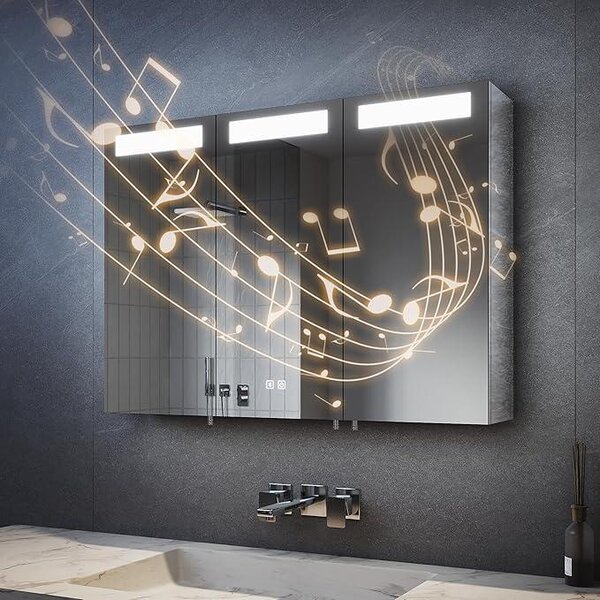 Zrcadlová skříňka do koupelny, 90x65 cm, s LED osvětlením, 3 dveře, s Bluetooth, dotykovým spínačem, funkcí proti zamlžování a zásuvkou (stříbrná)