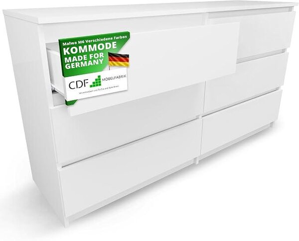 Bílý komoda se 6 zásuvkami, hloubka 40 cm. Komoda do obývacího pokoje nebo ložnice, zásuvková komoda Malm, velký úložný prostor, vhodná jako organizér pro oblečení, šířka 138 cm, moderní design
