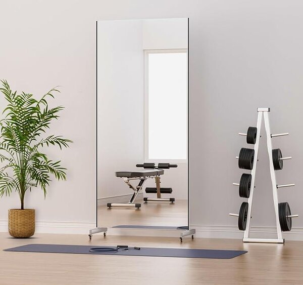 Zrcadlo na kolečkách, bez skla, 80×180 cm, černé – Odolné proti rozbití, lehké, mobilní díky kolečkům – Ideální pro fitness centra, tanevní studia, balet, jógu, domácí posilovny – Bezpečná zrcadlová stěna bez skla