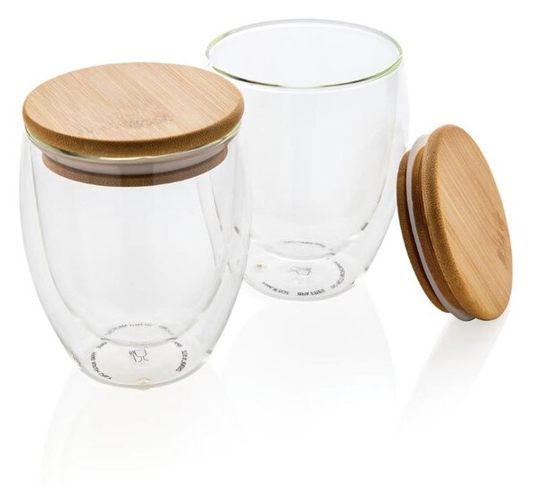 Set dvou dvoustěnných sklenic s bambusovým víčkem 250 ml, XD Design, čirá