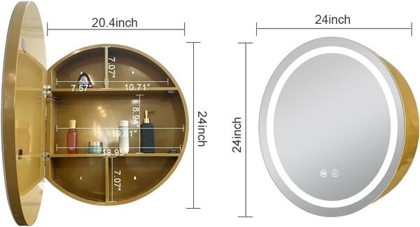 61 cm široká lékařská skříňka s osvětlením, LED lékařská skříňka s funkcí proti zamlžování, osvětlená zrcadlová skříňka do koupelny, s regulovatelným jasem, s funkcí proti zamlžování, s teplotou barvy 3000 K - 6500 K, zlatá barva