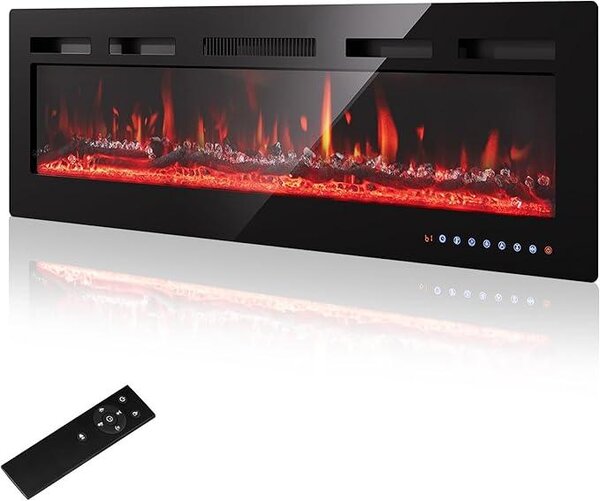 50"/127 cm Elektrický krb, nástěnný model – Nastavitelná LED plamenná světla (12 barev) a zvuk praskání dřeva, elektrický krb s topným výkonem 900 W/1500 W, s topením a termostatem (15-30 °C), intuitivní dotykový displej a dálkové ovládání