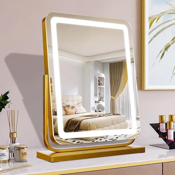 Zrcadlo na toaletní stolek, hollywoodský styl, s osvětlením, 3 barevné režimy, dotykové ovládání, čtvercové, zrcadlo na líčení, 40×47 cm, 360° otáčení, LED, kosmetické zrcadlo