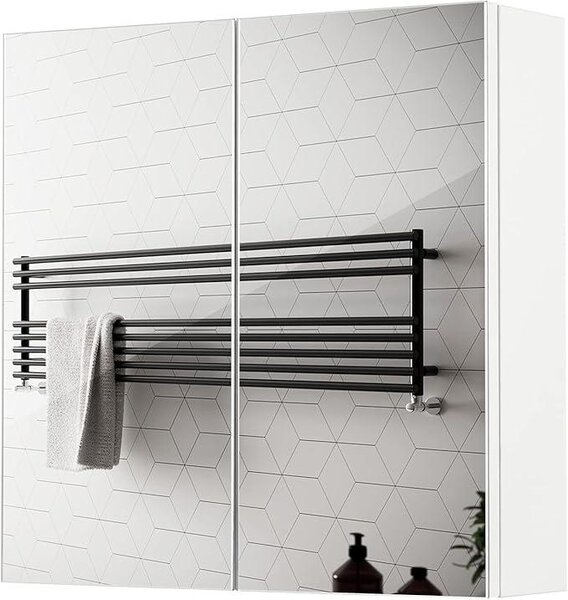 Zrcadlová skříňka, koupelnové zrcadlo se 2 dvířky, 2 vnitřní poličky, dřevo, moderní styl, 45 x 13 x 45 cm, bílá barva