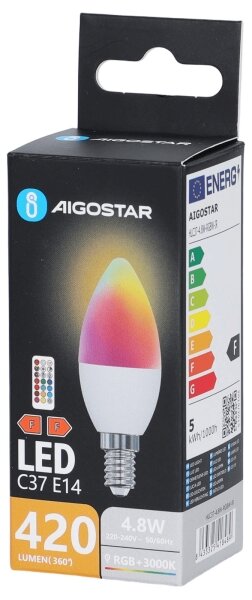 LED RGBW Žárovka C37 E14/4,8W/230V 3000K + DO - Aigostar