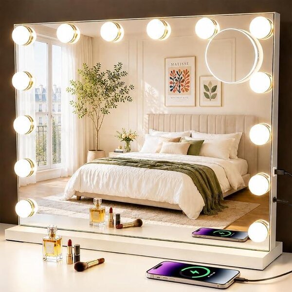 Zrcadlo na líčení s osvětlením, 50x40 cm, velké LED zrcadlo ve stylu Hollywoodu | Toaletní zrcadlo s 14 LED světly a USB portem, zrcadlo na toaletní stolek, make-up zrcadlo, stolní zrcadlo s funkcí zvětšení